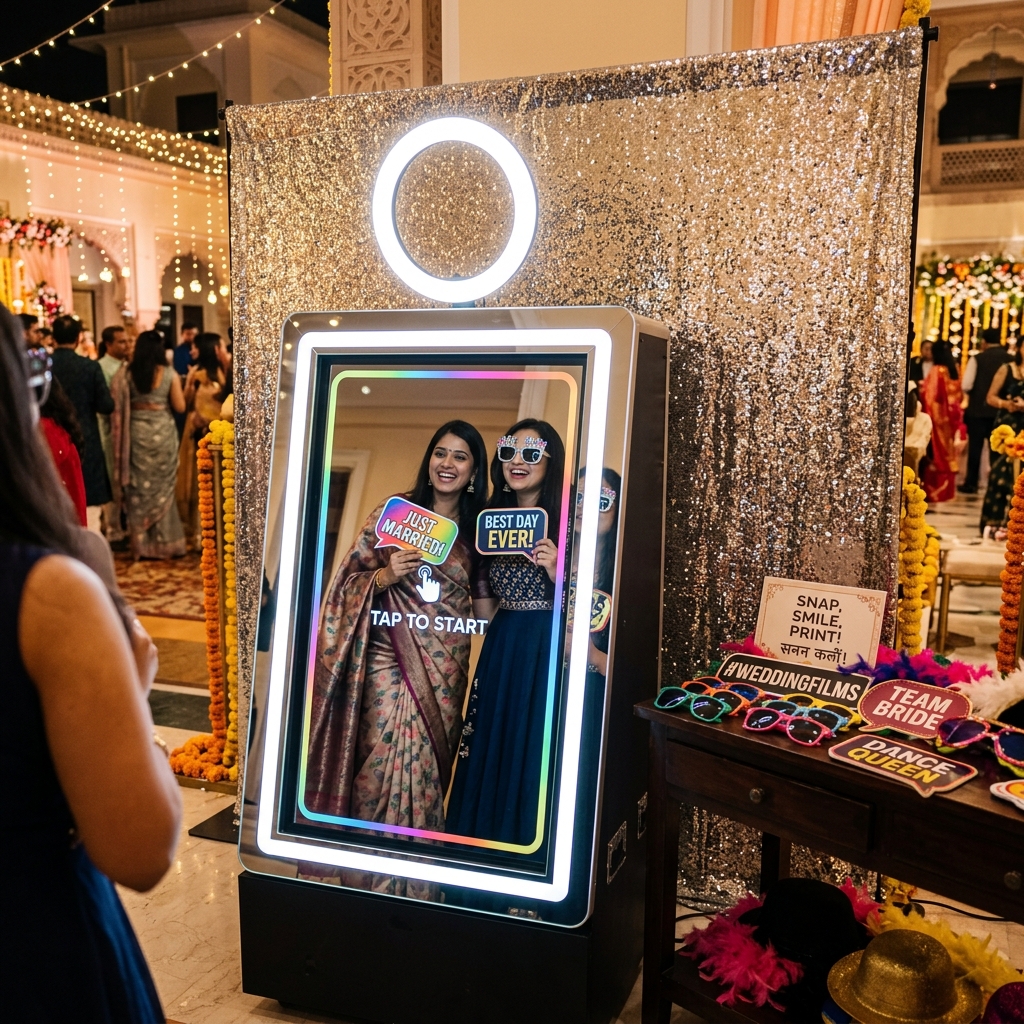 Photo Booth setup at an Indian wedding with guests posing