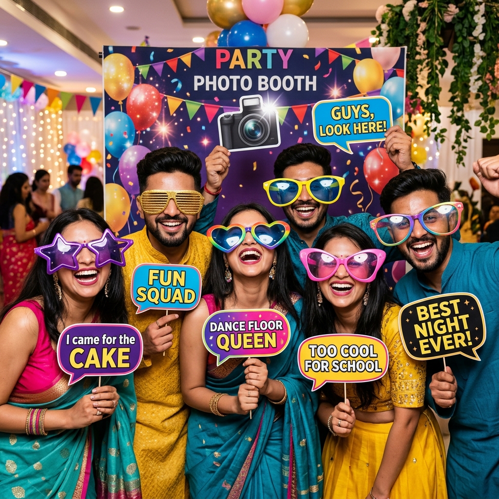 Excited group of young Indian guests at Photo Booth Wala kiosk laughing and holding printed photo strips